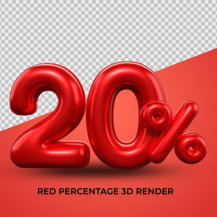 3d render 20 porcentaje número color rojo para venta descuento, progreso