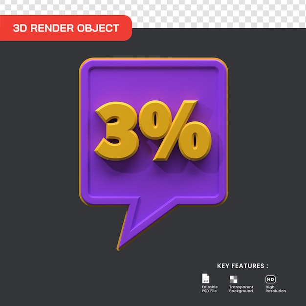 3d render 3% de desconto promocional isolado, útil para ilustração de comércio eletrônico e compras online