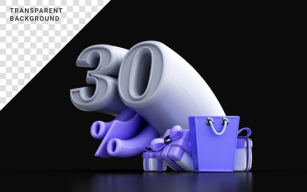 3d render 30 por ciento número de descuento con bolsa de compras ang caja de regalo para banner de venta en línea