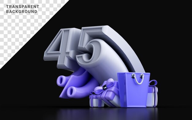 PSD 3d render 45 por ciento número de descuento con bolsa de compras ang caja de regalo para banner de venta en línea