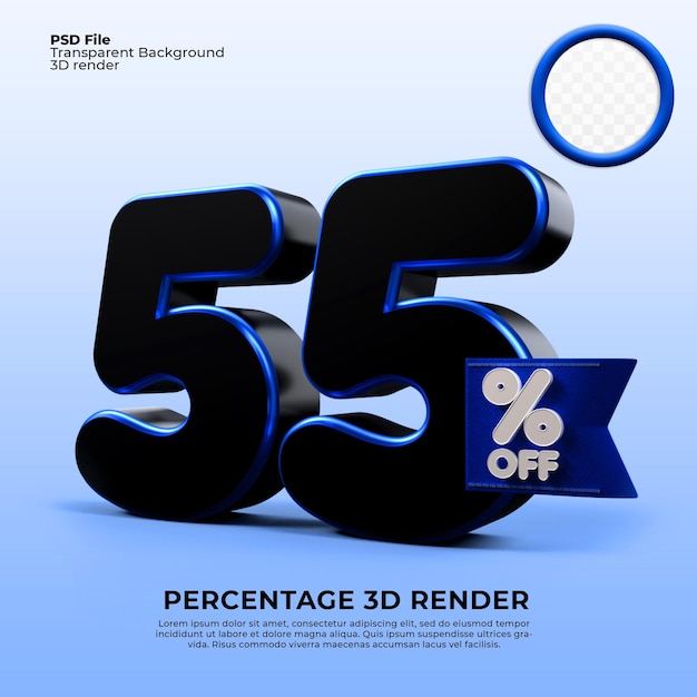 3D render 55 porcentaje de colores negro y azul para la venta de descuento