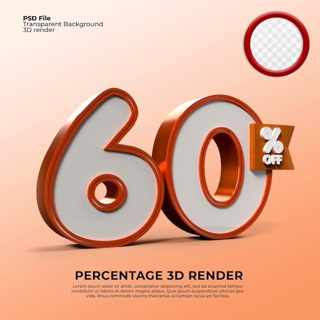 3d render 60 porcentaje de color naranja para el elemento de descuento promocional de venta