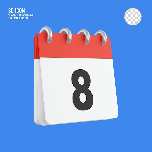 3d render 8 en el icono de calendario fondo transparente