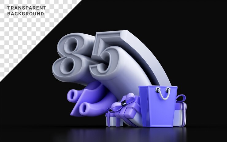 PSD 3d render 85 por ciento número de descuento con bolsa de compras ang caja de regalo para banner de venta en línea