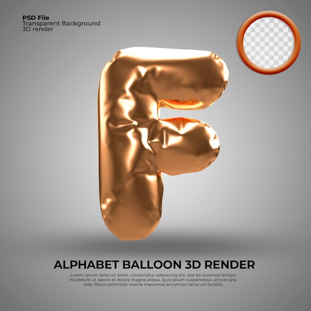 PSD 3d render alfabeto f globo oro aniversario cumpleaños