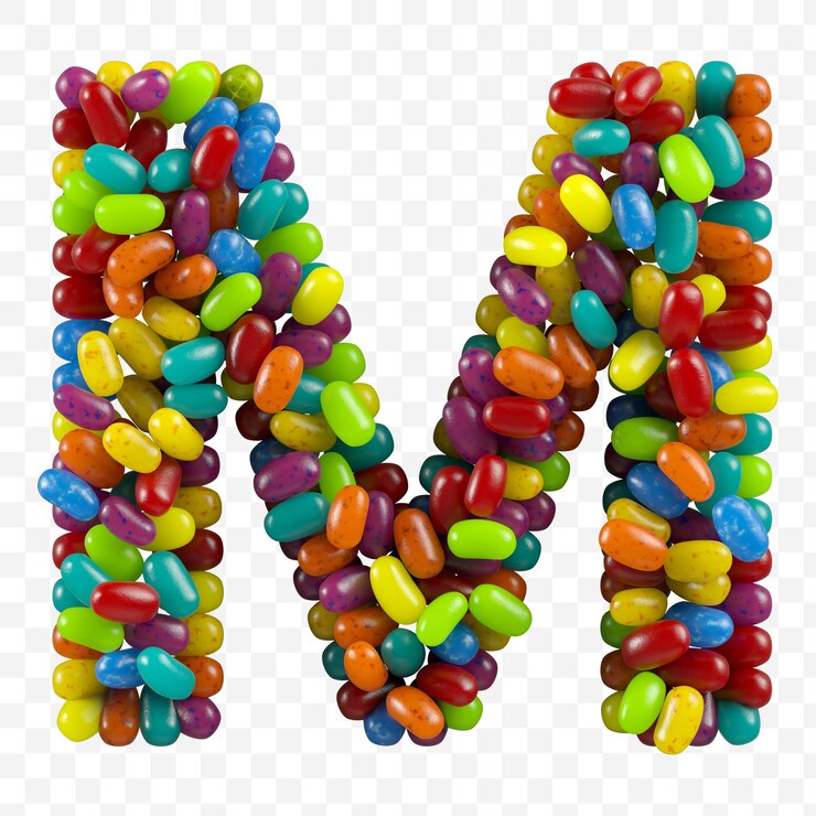 PSD 3d render alfabeto lettera m fatta di caramelle caramelle gommose isolato su un background isolato