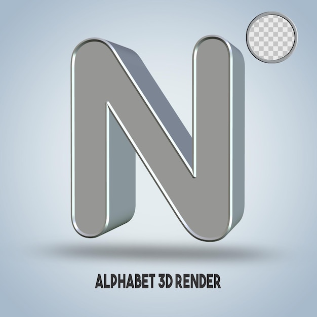 3D render alfabeto N estilo prata