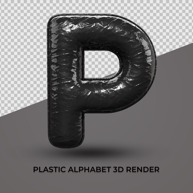PSD 3d render alfabeto p fuente plástico negro