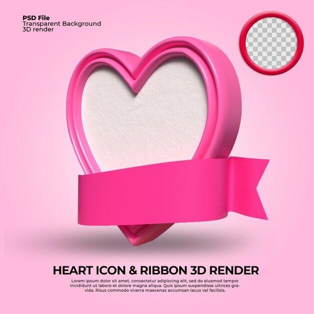 3d render amor icono png con elemento de cinta