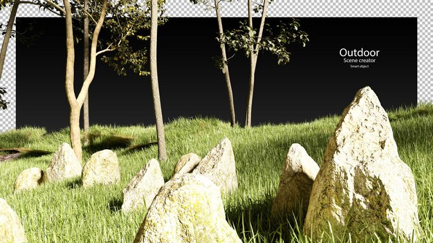 3d render de árboles y césped de piedra