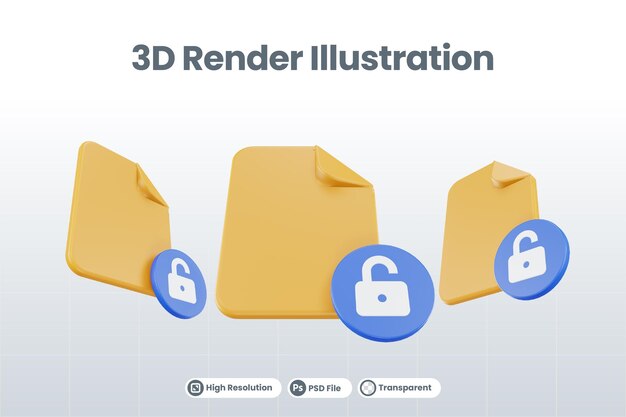 3d render archivo icono desbloqueado con papel de archivo naranja y azul desbloqueado