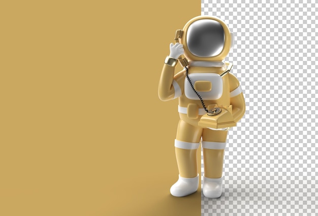 3d render astronaut calling gesture with old telephone