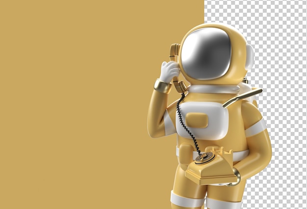 3D-Render-Astronaut, der Geste mit altem Telefon anruft