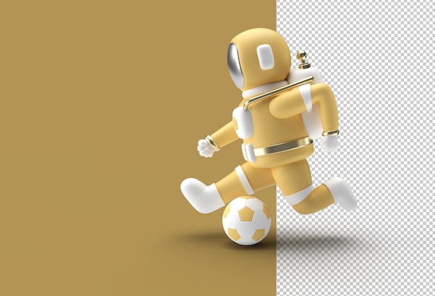 3D Render Astronaut está pateando el archivo PSD transparente Football Bal.