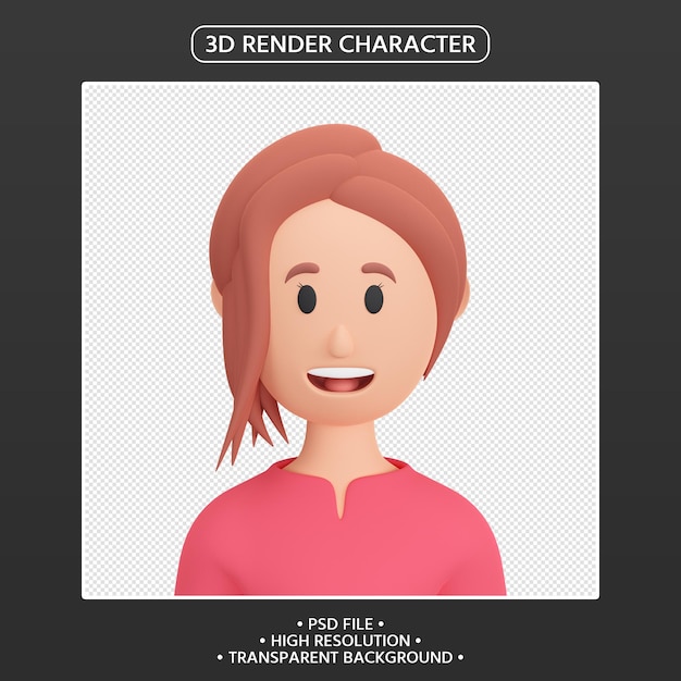 PSD 3d render avatar mulher em desenho animado