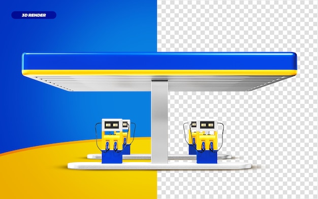PSD 3d render azul e amarelo posto de gasolina isolado para composição