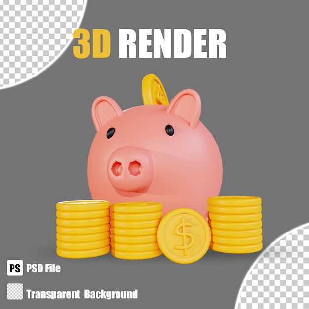 3D render banking and finance piggy bank coin 4 with trasparent background