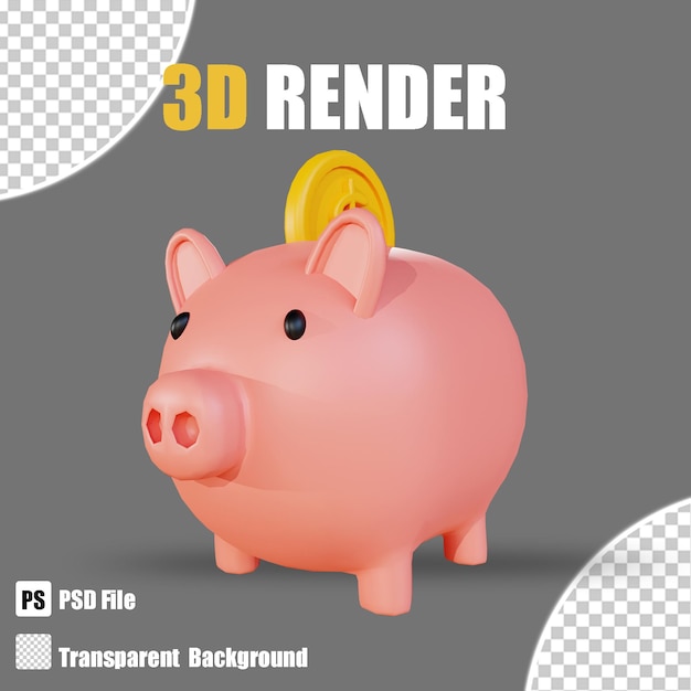 3D render banking and finance piggy bank coin with trasparent background
