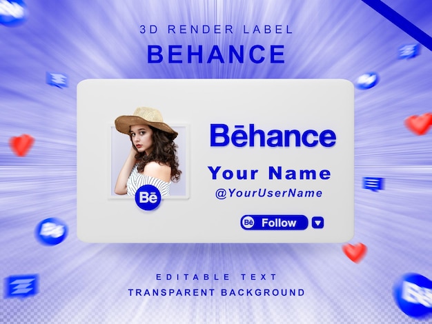 3D-Render-Banner-Symbolprofil auf Behance Follow-me-Label isoliert