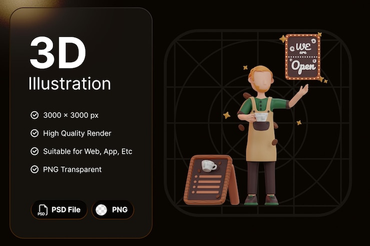 PSD 3d render baristas con diseño de ilustraciones de iconos modernos de concepto de tablero