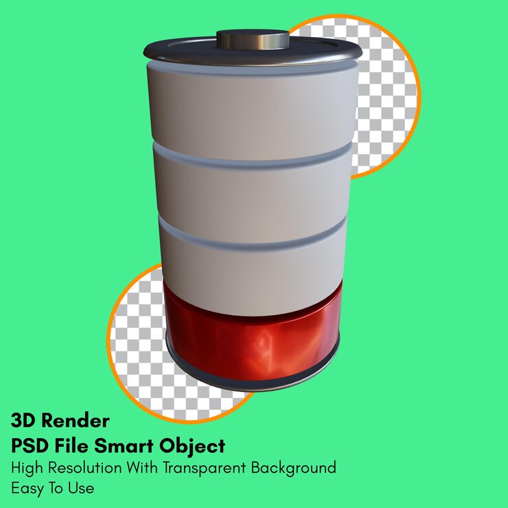 PSD 3d render battery below 20 percent icon with transparent background