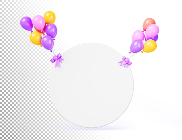 3d render bianco vuoto quadro rotondo banner che vola su palloncini colorati decorazione di vacanza per festa di compleanno cerimonia di apertura del negozio Mockup poster di carta o carta sfondo vuoto