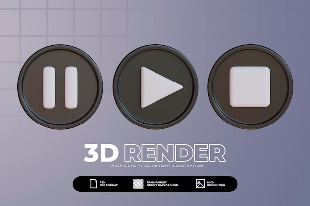3d render black buttons for player play pause and stop icon set