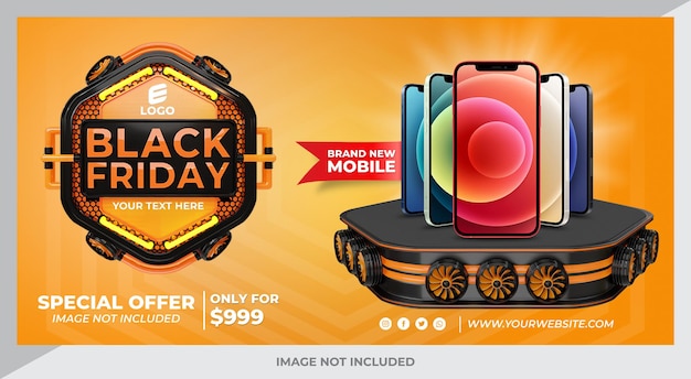 PSD 3d render black friday banner para super ofertas design de modelo de renderização em 3d