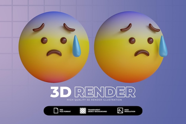 PSD 3d render bonito rosto ansioso com conjunto de emoji de suor