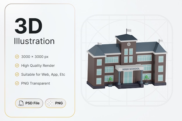 PSD 3d render brown school building concepto de ángulo izquierdo diseño moderno