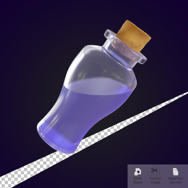 PSD 3d render bruja botella de poción púrpura