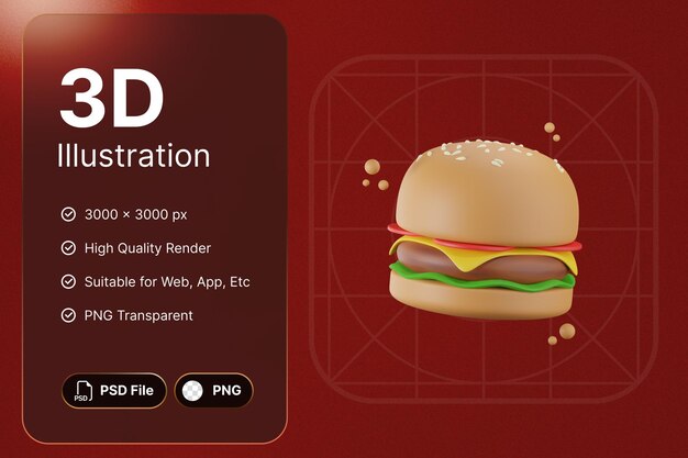 3D Render Burger Comida Rápida Concepto Moderno Icono Ilustraciones Diseño