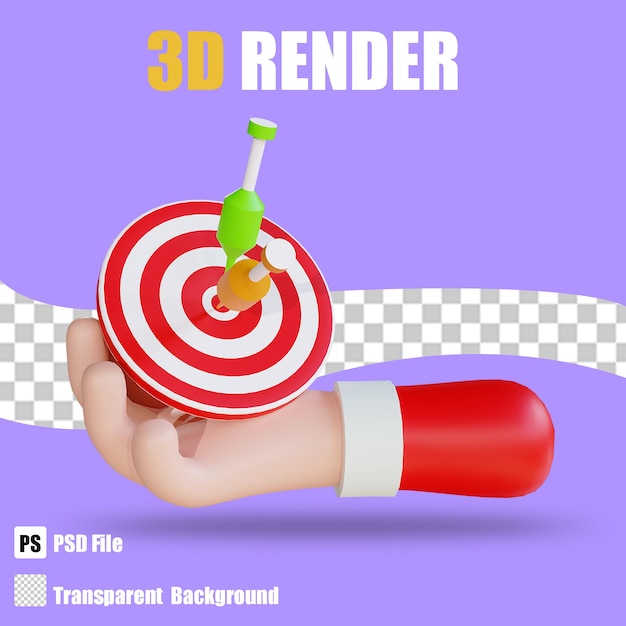 3D render bussines target a mano con sfondo trasparente