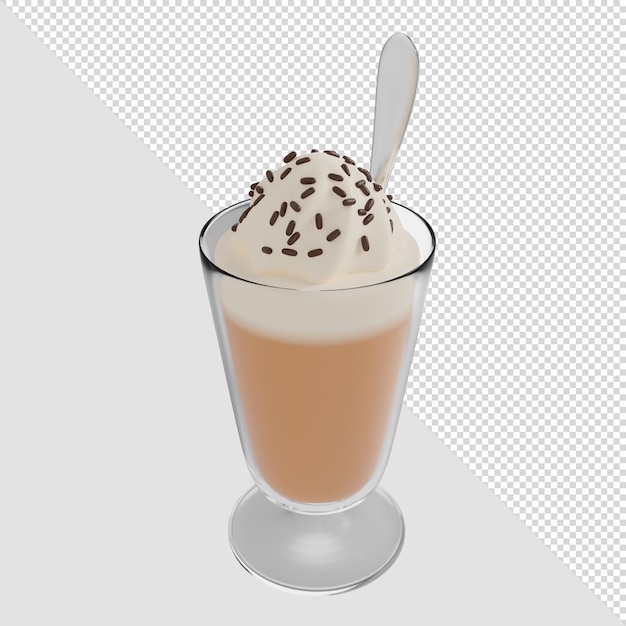 PSD 3d render café con leche frappe de vidrio con chispas de crema y cuchara de plata