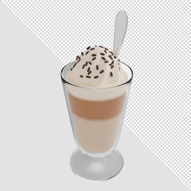3D render café con leche frappe de vidrio con chispas de crema y cuchara de plata