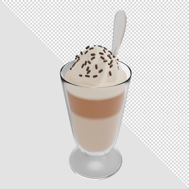 PSD 3d render café con leche frappe de vidrio con chispas de crema y cuchara de plata