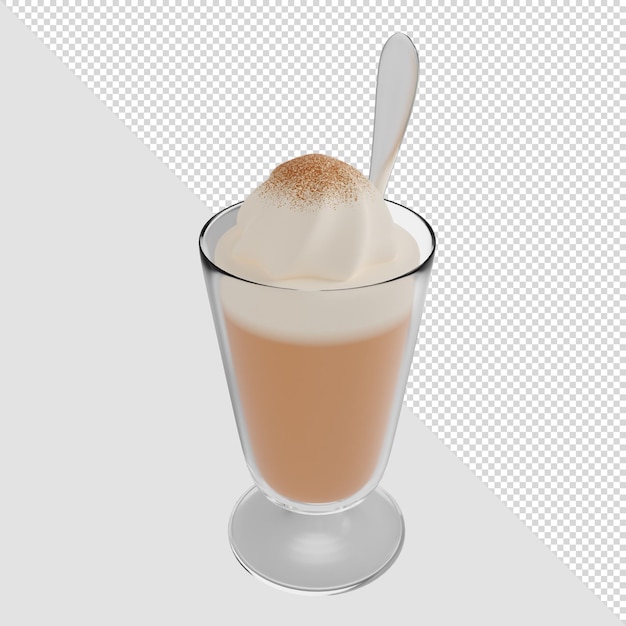 3D render café con leche frappe de vidrio con crema y cuchara de plata