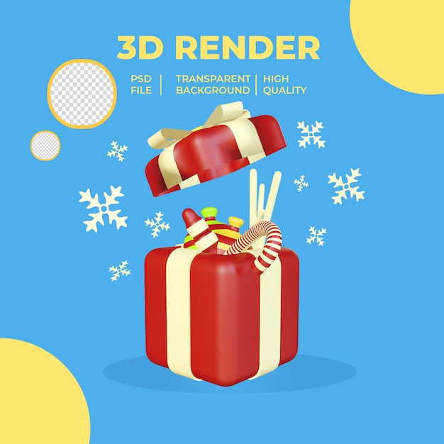 PSD 3d render caixa de presente aberta com doces de natal em fundo transparente