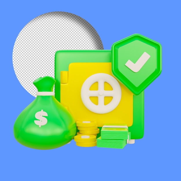 3D Render de una caja fuerte con bolsa dinero ahorro garantía de seguridad concepto ilustración