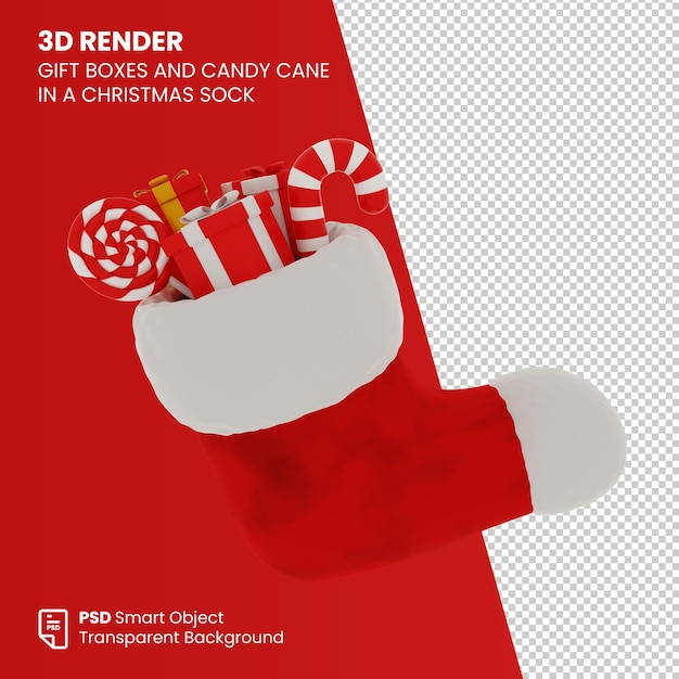 3d render cajas de regalo y bastón de caramelo en un calcetín de navidad