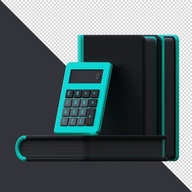 PSD 3d render calculadora negra y azul con libros