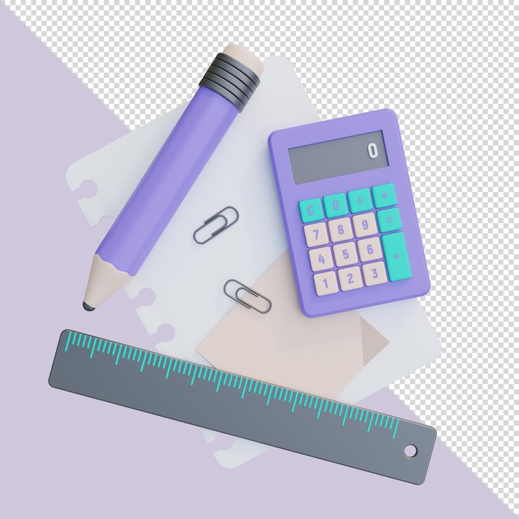 PSD 3d render calculadora púrpura lápiz regla y papel clips