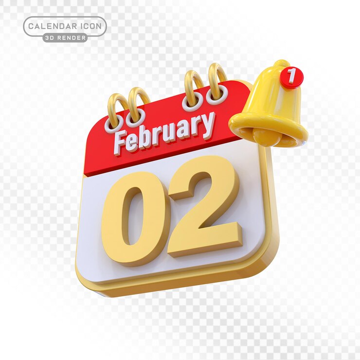 PSD 3d render calendar with notification bell on february 2