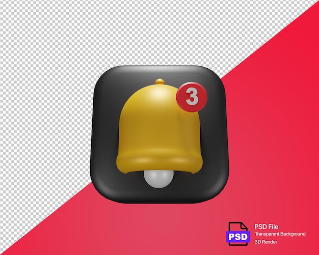 PSD 3d render campana amarilla con nueva notificación para recordatorio de redes sociales