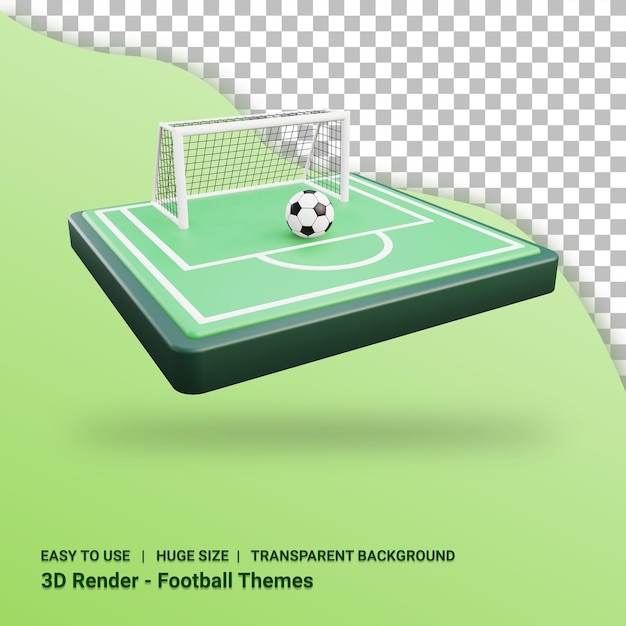 PSD 3d render campo de fútbol e ilustración de pelota con fondo transparente