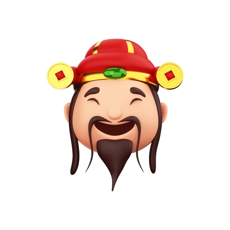 PSD 3d render cara de caishen de dios chino feliz sobre fondo blanco