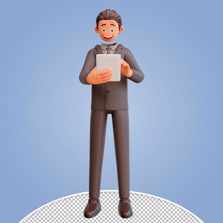 PSD 3d render carácter empresario sosteniendo tableta dispositivo