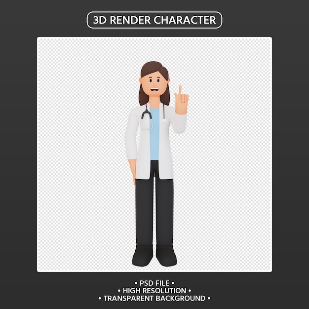 3D-Render-Cartoon-Charakter Arzt in Uniform und Stethoskop nach oben zeigend