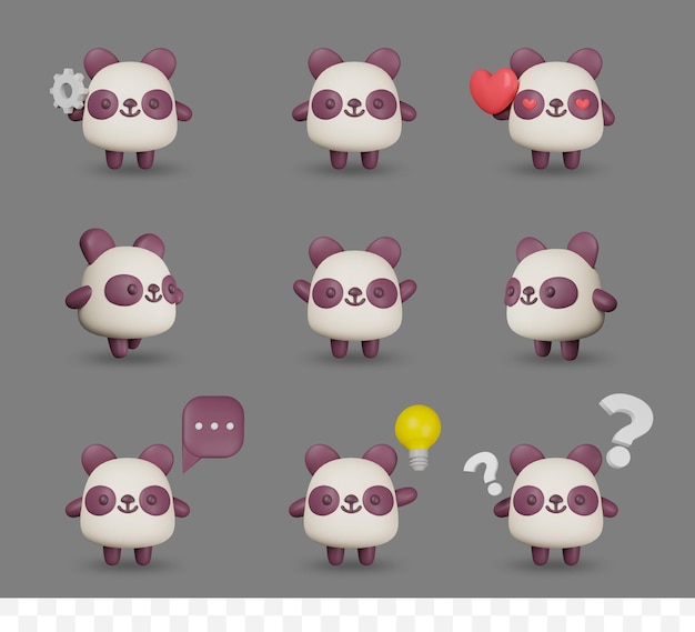 3D-Render-Cartoon-Panda-Set mit Pose