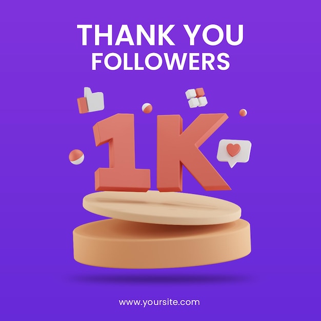 3d render celebración de seguidores de 1k con plantilla de diseño de publicación de redes sociales de podio